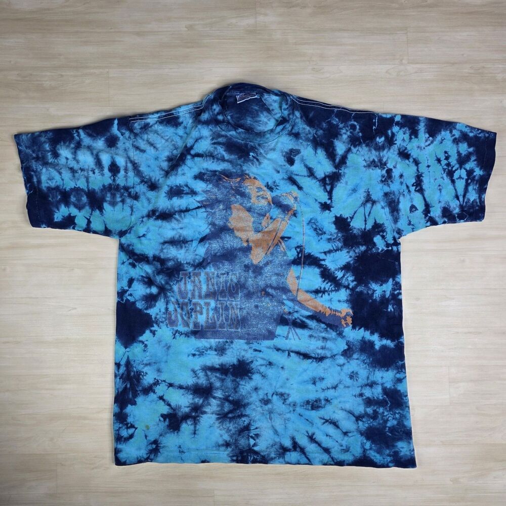90s Janis Joplin‎ Tie Dye Blue Liquid Shirt All Sport Proweight Size XL Distress